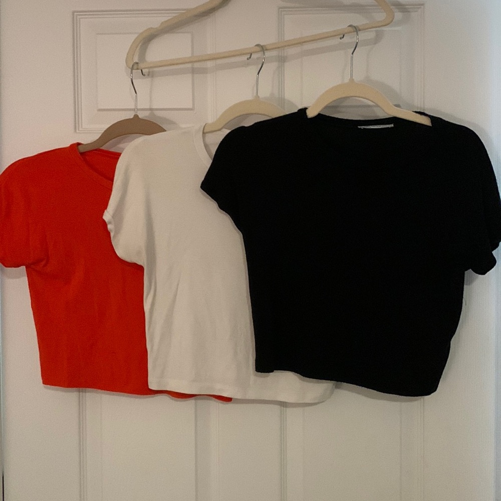Zara bundle!!! Three crop, scoop neck, tees! one in black, white and orange-red!